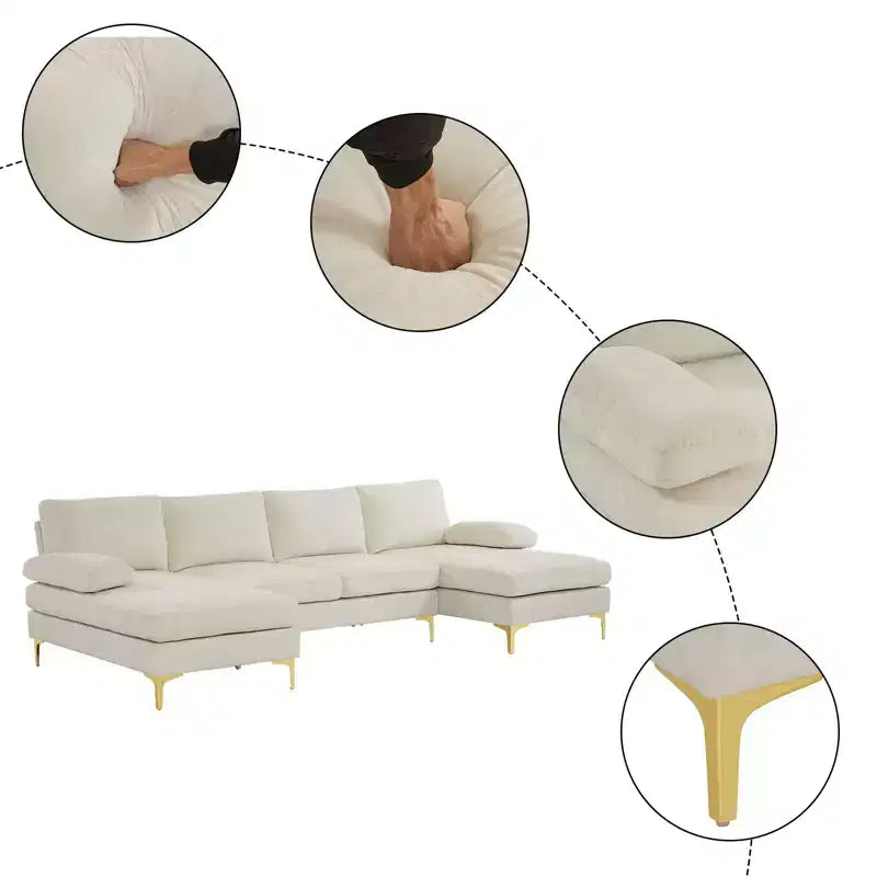 Sectionnel chenille en U 3 pièces avec accoudoirs et plateau-coussin de 110 po de large – beige