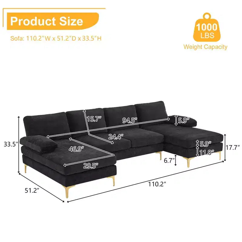 Sectionnel chenille en U 3 pièces avec accoudoirs et plateau-coussin de 110 po de large – beige