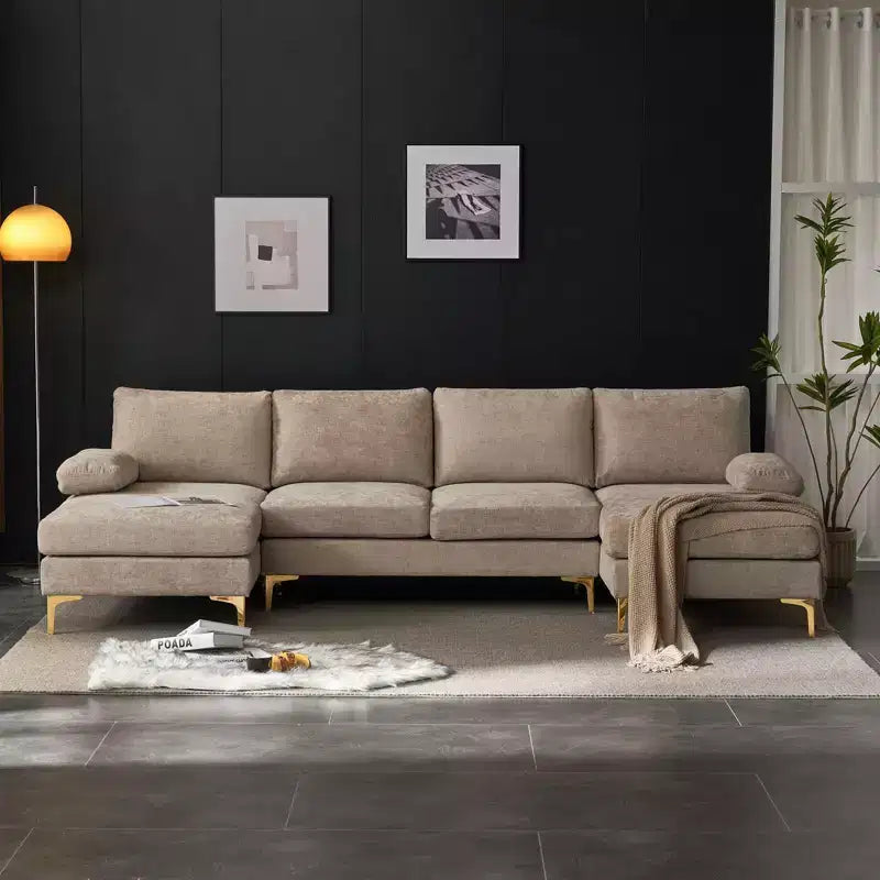 Sectionnel chenille en U 3 pièces avec accoudoirs et plateau-coussin de 110 po de large – beige