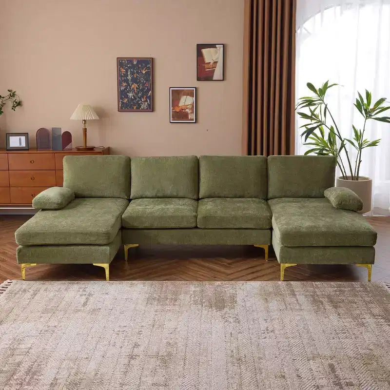 Sectionnel chenille en U 3 pièces avec accoudoirs et plateau-coussin de 110 po de large – beige