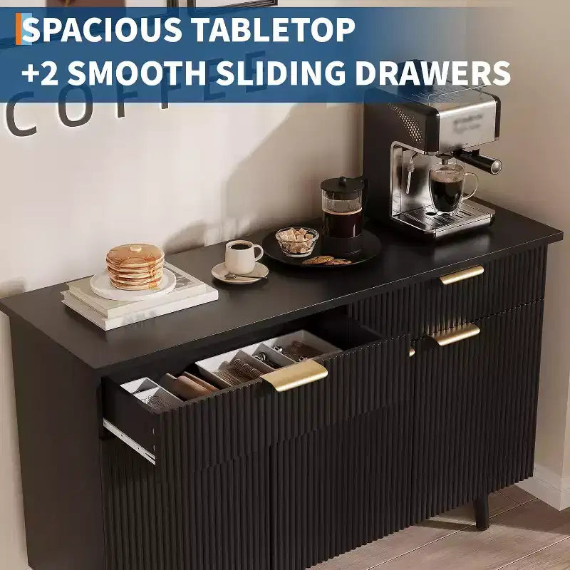 Buffet/Bahut moderne de 47 po, en bois cannelé, avec 3 portes, 2 tiroirs et étagères ajustables, meuble d'appoint pour salle à manger ou salon