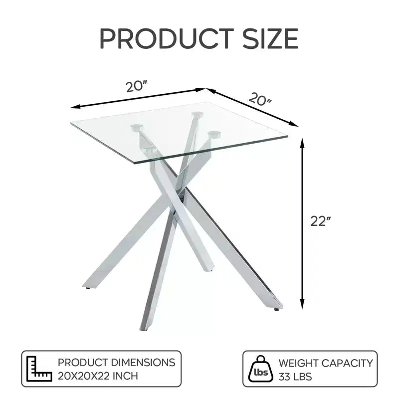 Table d'appoint moderne en verre avec plateau trempé et pieds en métal pour salon