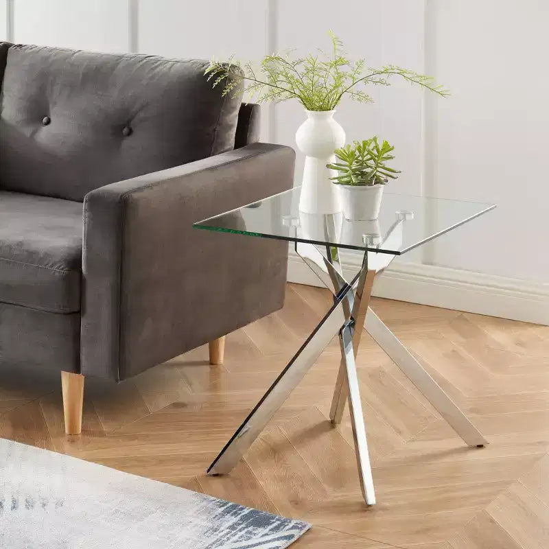 Table d'appoint moderne en verre avec plateau trempé et pieds en métal pour salon