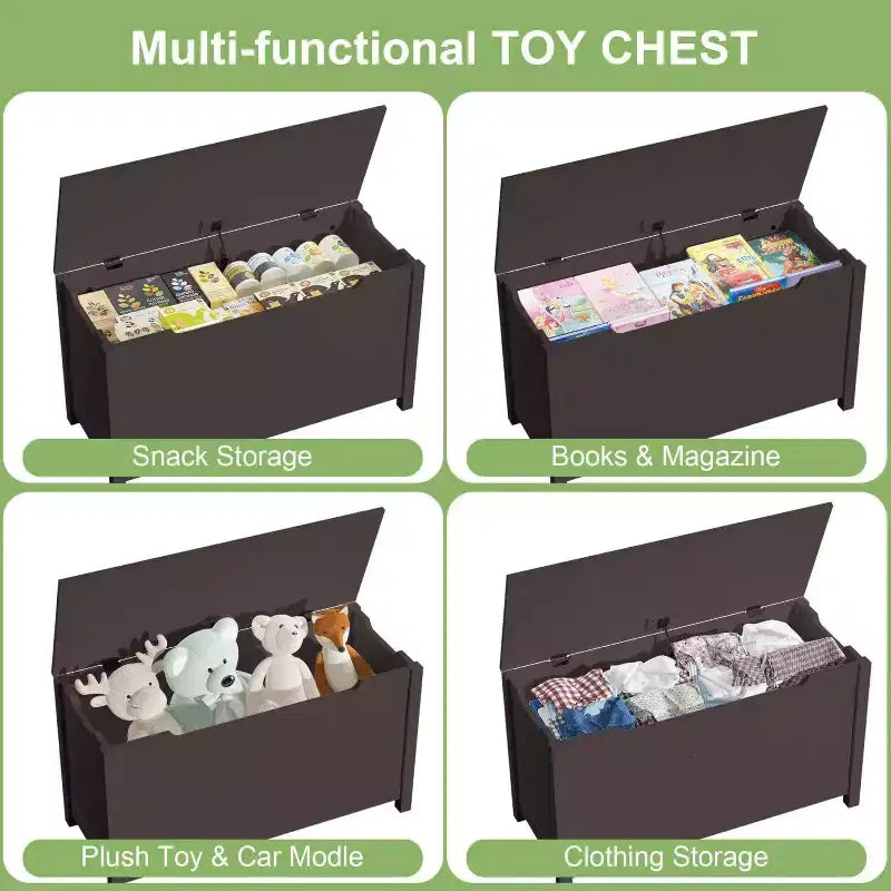 Coffre de rangement en bois pour jouets avec charnière de sécurité, Banc de rangement pour jouets pour enfants avec couvercle pour chambre, salle de jeux, salon, 80x33x42,5 cm Marron foncé