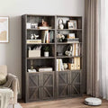 Acekool 71.4 Grey Bookcase with Doors, 6-Shelf Industrial Farmhouse Bookshelf, Deep Storage Display Cabinet, 2-Pack