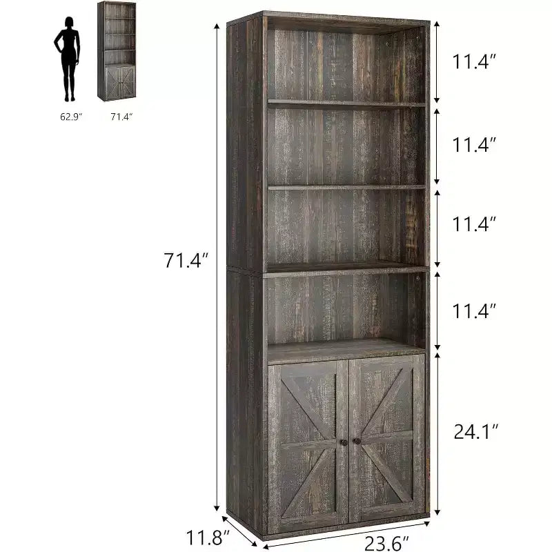 71.4 Bibliothèque grise avec portes, Étagère industrielle de style fermier à 6 niveaux, Vitrine de rangement profonde, Paquet de 2
