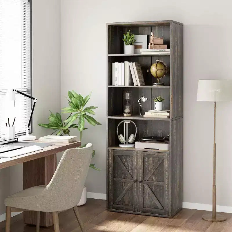 71.4 Bibliothèque grise avec portes, Étagère industrielle de style fermier à 6 niveaux, Vitrine de rangement profonde, Paquet de 2