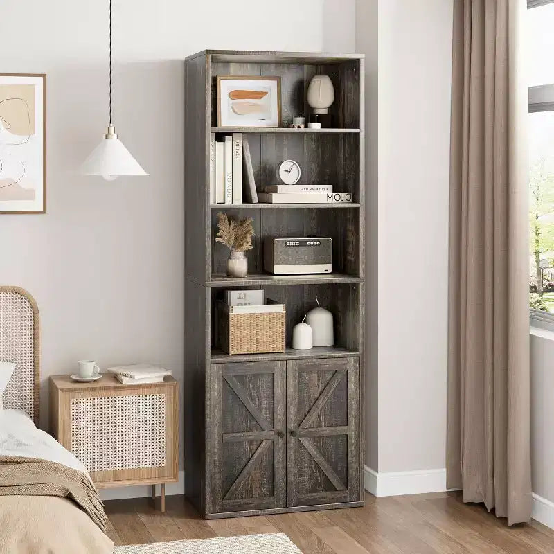 71.4 Bibliothèque grise avec portes, Étagère industrielle de style fermier à 6 niveaux, Vitrine de rangement profonde, Paquet de 2