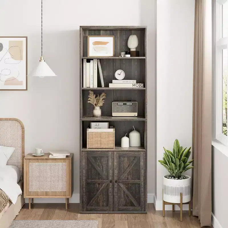 71.4 Bibliothèque grise avec portes, Étagère industrielle de style fermier à 6 niveaux, Vitrine de rangement profonde, Paquet de 2