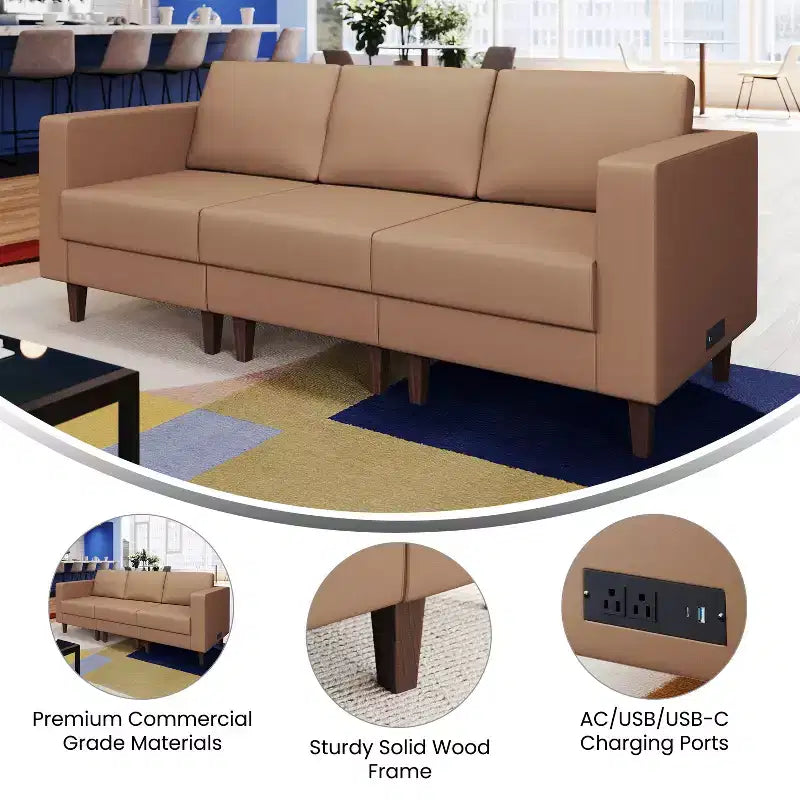 Canapé de réception rembourré avec 4 prises CA/2 ports USB/2 ports USB-C et pieds en bois de noyer avec patins réglables