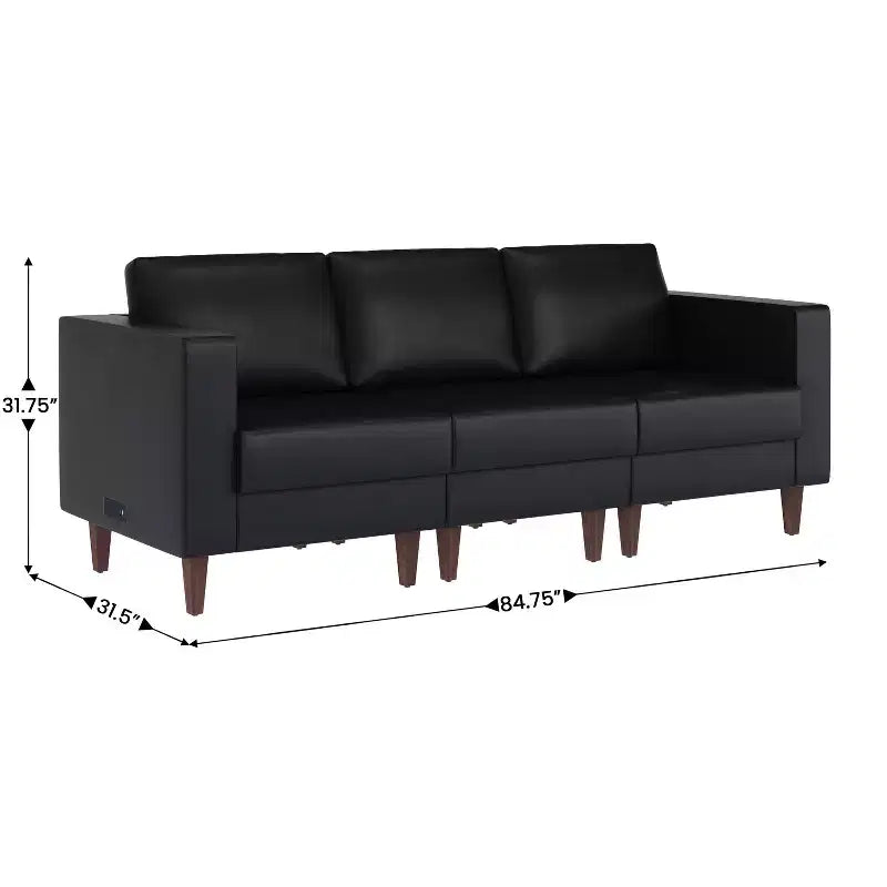 Canapé de réception rembourré avec 4 prises CA/2 ports USB/2 ports USB-C et pieds en bois de noyer avec patins réglables