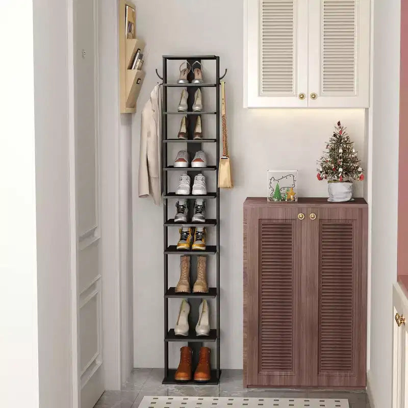 Range-chaussures étroit à 10 niveaux de 157 cm avec crochets latéraux pour entrée, chambre et placard, capacité 10-20 paires