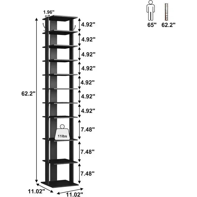 Range-chaussures étroit à 10 niveaux de 157 cm avec crochets latéraux pour entrée, chambre et placard, capacité 10-20 paires