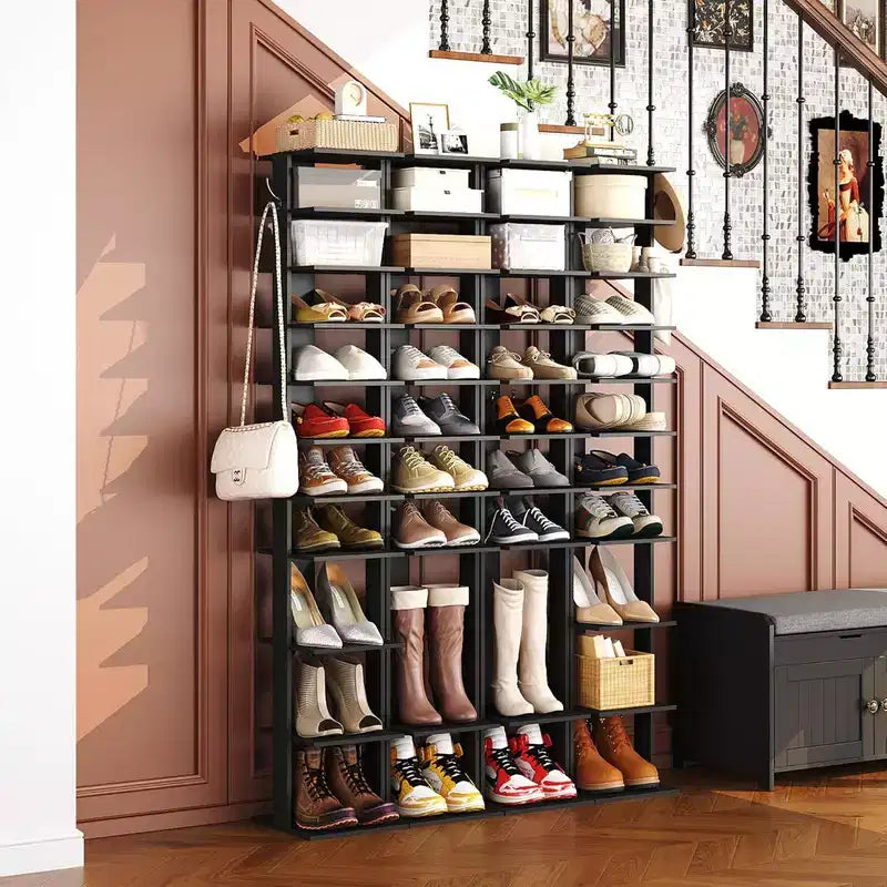 Range-chaussures étroit à 10 niveaux de 157 cm avec crochets latéraux pour entrée, chambre et placard, capacité 10-20 paires