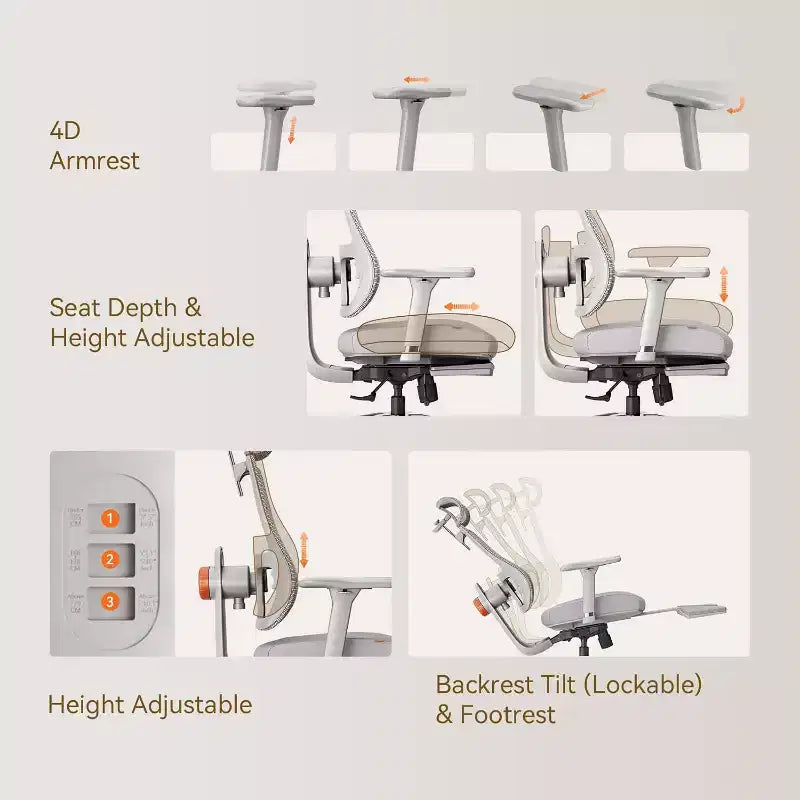 Chaise de bureau ergonomique avec repose-pieds et accoudoirs 4D, Grise