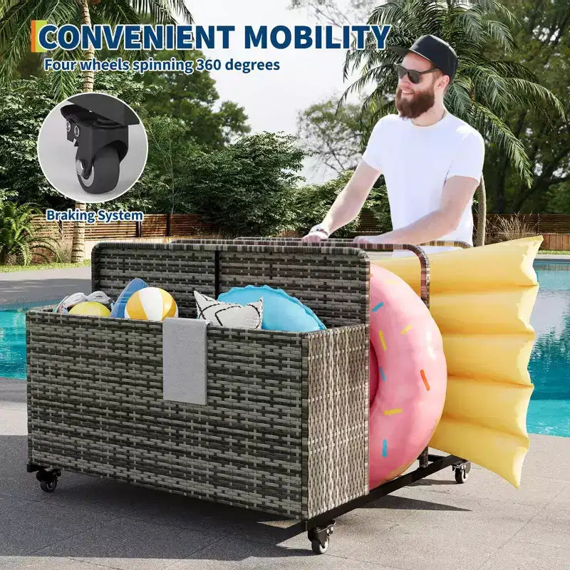 Organisateur de Rangement de Flotteurs de Piscine Robuste à Roulettes, Chariot en Rotin PE à 2 Compartiments, Imperméable et Résistant aux UV avec Accoudoirs