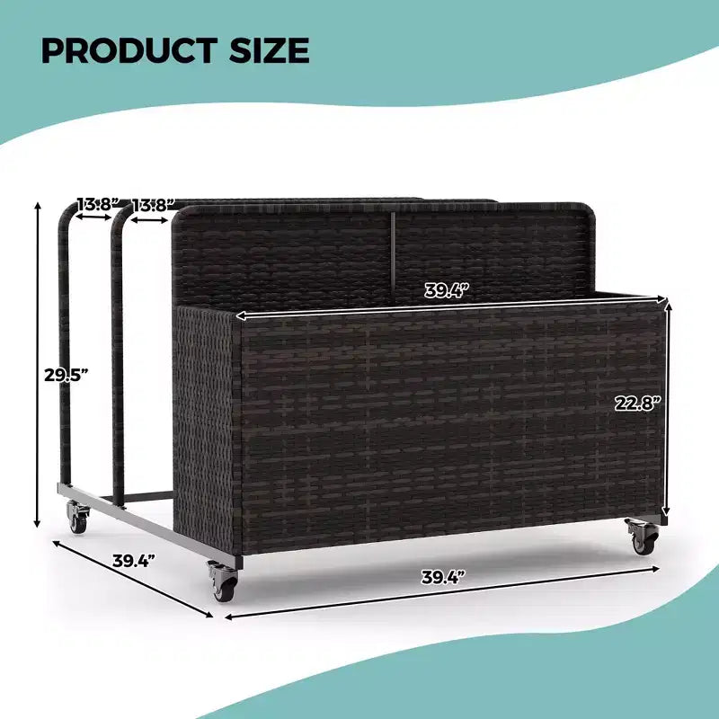 Organisateur de Rangement de Flotteurs de Piscine Robuste à Roulettes, Chariot en Rotin PE à 2 Compartiments, Imperméable et Résistant aux UV avec Accoudoirs