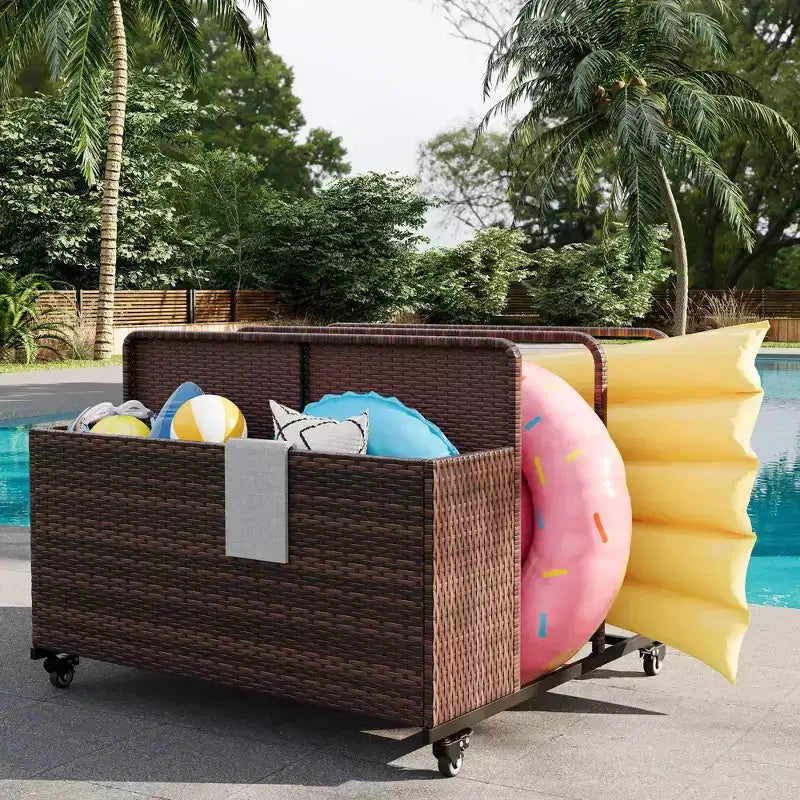 Organisateur de Rangement de Flotteurs de Piscine Robuste à Roulettes, Chariot en Rotin PE à 2 Compartiments, Imperméable et Résistant aux UV avec Accoudoirs
