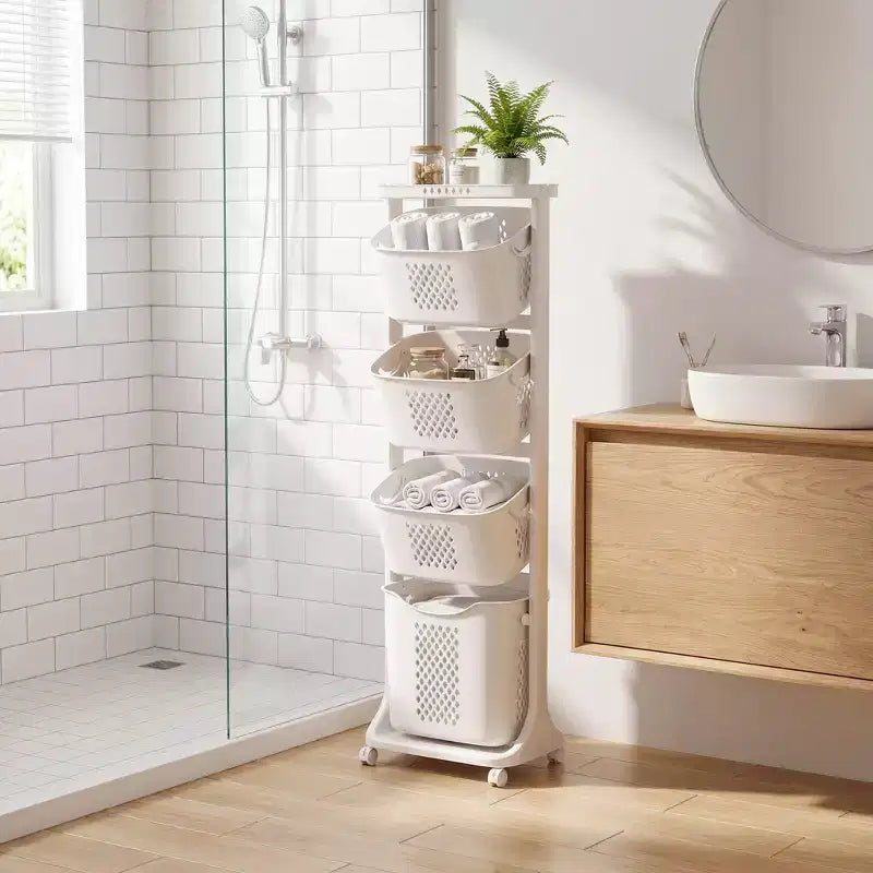 JVNOXK White 4-Tier Rolling Laundry Sorter with Removable Baskets & Wheels, Laundry Storage Organizer Cart for Bathroom Laundry Room