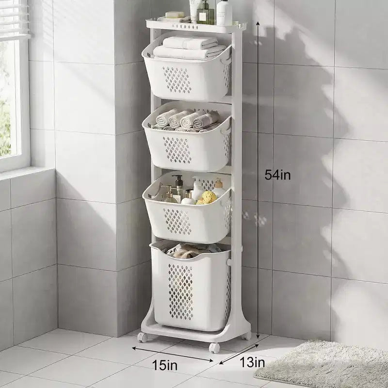 Trieur de linge roulant blanc à 4 niveaux avec paniers amovibles et roulettes, chariot de rangement pour salle de bain et buanderie