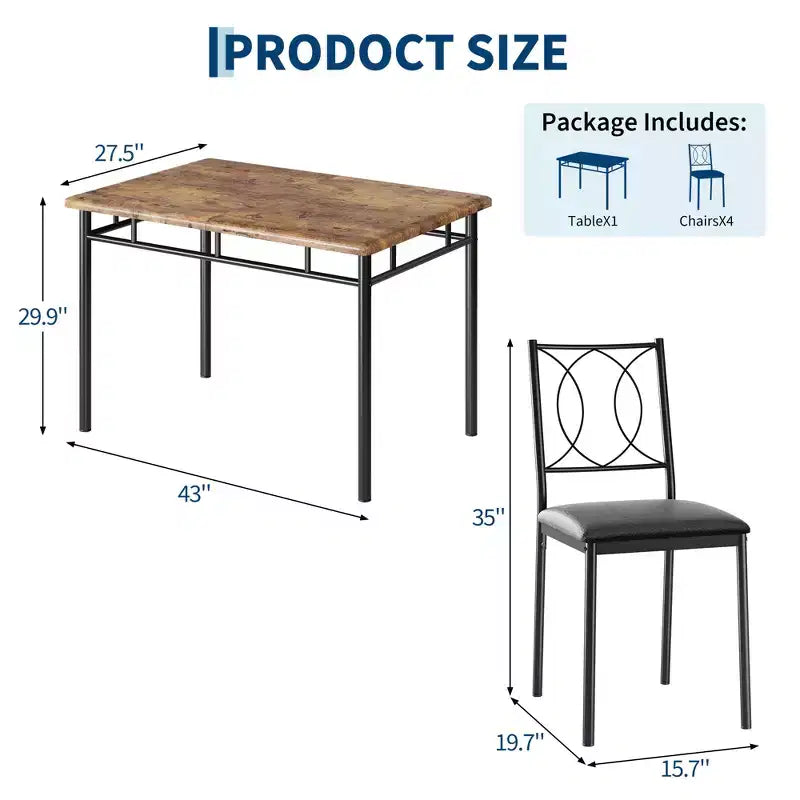 Table de salle à manger de ferme pour 4 avec 4 chaises rembourrées, table de cuisine en bois robuste, meuble de salle à manger compact pour appartement