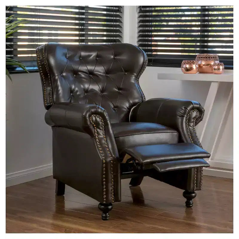 Fauteuil inclinable en similicuir avec dossier à pression, marron - Dossier élégant à oreilles, cadre en bois dur