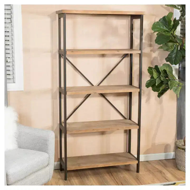 68,5" Bibliothèque Industrielle 5 Étagères Antique : Métal & Bois, Capacité 113 kg