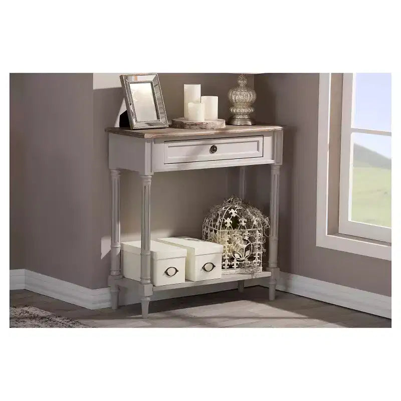 Console de style provincial français avec 1 tiroir - Blanc/Marron clair - Meuble d'entrée élégant, Design étroit
