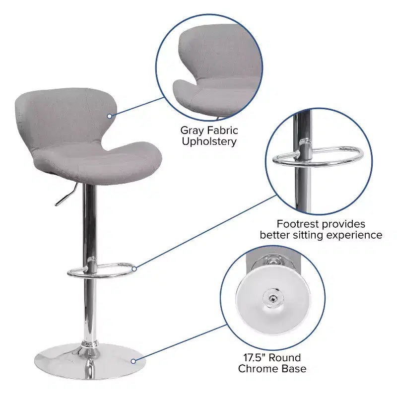 Tabouret de bar contemporain réglable en hauteur avec dossier incurvé et base chromée