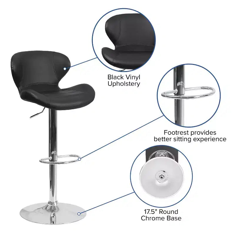 Tabouret de bar contemporain réglable en hauteur avec dossier incurvé et base chromée