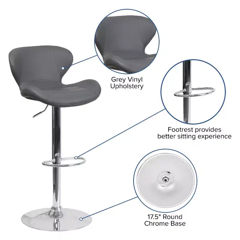Tabouret de bar contemporain réglable en hauteur avec dossier incurvé et base chromée