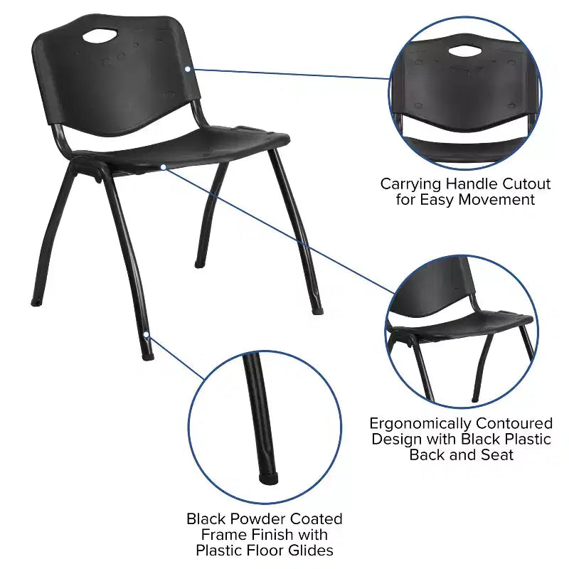 Chaise d'appoint de bureau empilable en plastique noir, capacité de 880 lb